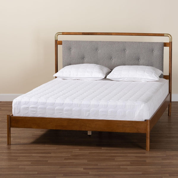 Baxton Studio Baxton Edwina Mid-Century Queen Platform Bed in Light Grey Boucle & Walnut Wood - Stylish, Cozy Elegance BBT61185-Light Grey/Walnut/Gold-Queen