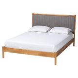 Jaiana Mid-Century Grey Fabric and Oak Brown Wood Queen Size Bed