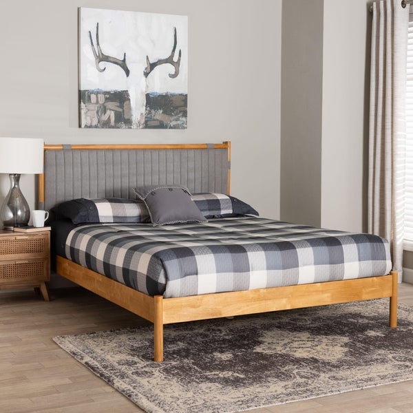 Baxton Studio Baxton Studio Jaiana Mid-Century Queen Bed in Grey Fabric with Oak Wood Frame - Stylish Comfort! BBT61187-Grey/Natural Oak-Queen