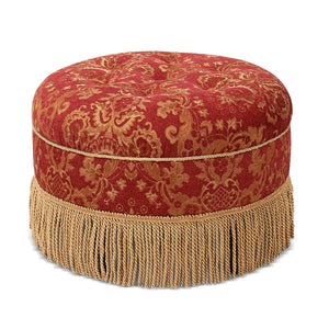 English Elm Yolanda 24" Round Upholstered Accent Ottoman, Red Gold Damask Jacquard With Gold Trim