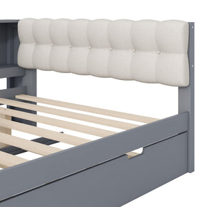 English Elm Wood Twin Platform Bed Linen Headboard Storage Shelves Trundle Charging Station Gray N709P004024E