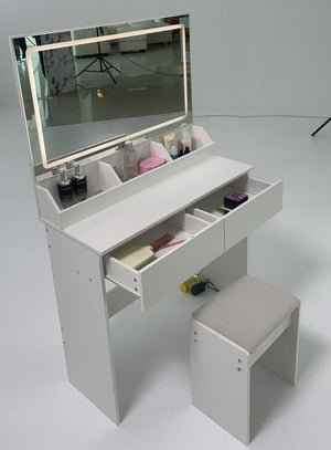 English Elm 31" X 20" Led Vanity Table Set with Cushioned Stool Touch Lighting Small Space White W3258P453340