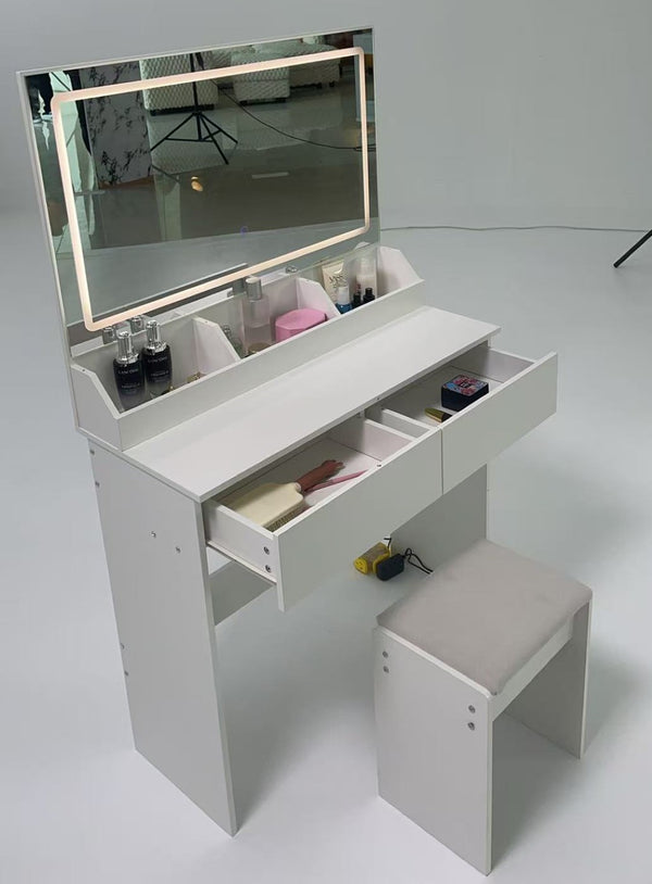 English Elm 31" X 20" Led Vanity Table Set with Cushioned Stool Touch Lighting Small Space White W3258P453340