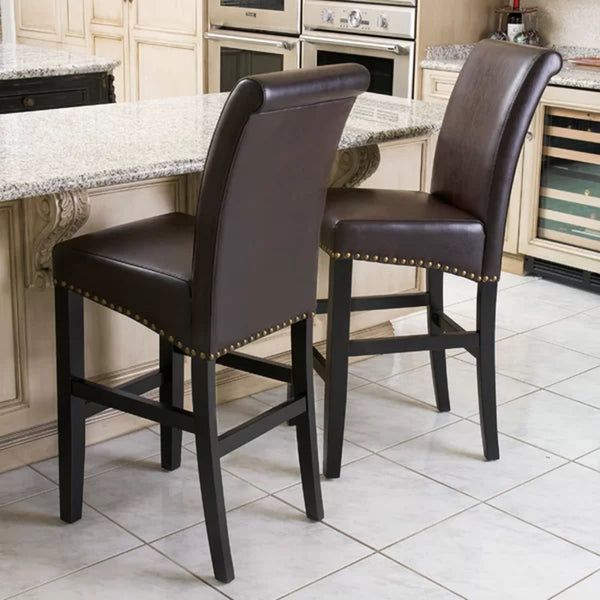 English Elm Christopher Knight Home® - [OLD HM: 54222.00KP] Upholstered 30" Counter Stool Set of 2, Brown PU Leather, Rubberwood Legs, Gold Rivet Trim WF531035BRN