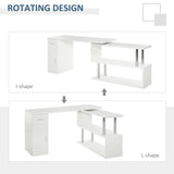 English Elm Homcom Rotating Computer Desk, 55" L-Shaped Desk, Corner Desk With Storage Shelves, Cabinet and Drawer For Home Office, White