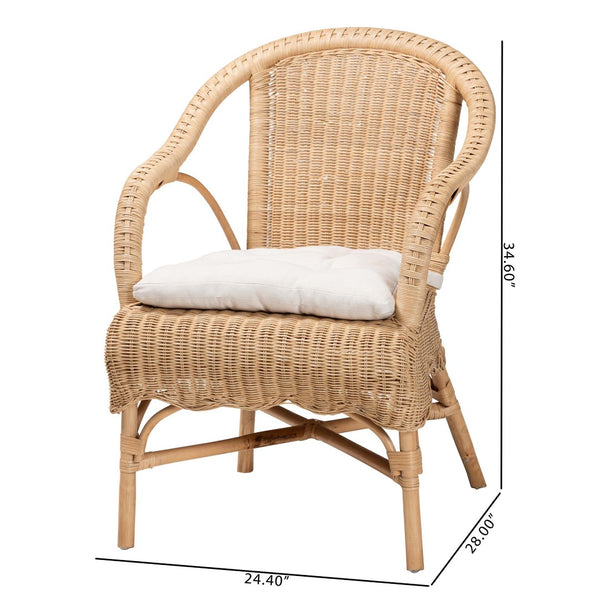 Baxton Studio bali Reinu Handcrafted Natural Rattan Dining Chair with Plush Cushion for Bohemian Elegance DC829-Reinu-Light Honey Rattan-CC