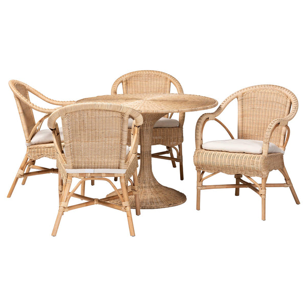 Baxton Studio Bali Liam 5-Piece Rattan Dining Set - Handwoven Boho-Coastal Round Table & Cushioned Chairs Liam-Light Honey Rattan-5PC Dining Set
