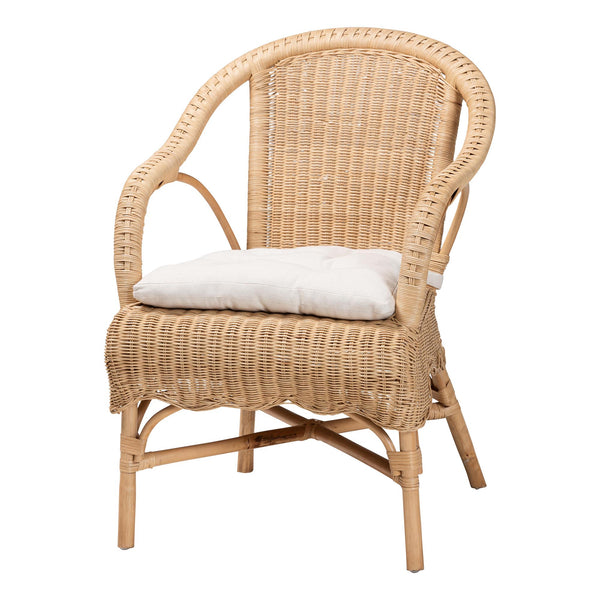 Baxton Studio Bali Liam 5-Piece Rattan Dining Set - Handwoven Boho-Coastal Round Table & Cushioned Chairs Liam-Light Honey Rattan-5PC Dining Set