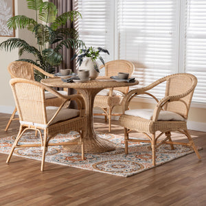 Baxton Studio Bali Liam 5-Piece Rattan Dining Set - Handwoven Boho-Coastal Round Table & Cushioned Chairs Liam-Light Honey Rattan-5PC Dining Set