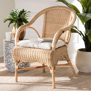 Baxton Studio bali Reinu Handcrafted Natural Rattan Dining Chair with Plush Cushion for Bohemian Elegance DC829-Reinu-Light Honey Rattan-CC