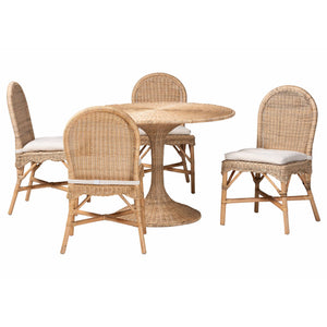 Baxton Studio Bali Linda 5-Piece Natural Rattan Dining Set — Handwoven Boho Coastal Round Table With Cushions Linda-Light Honey Rattan-5PC Dining Set