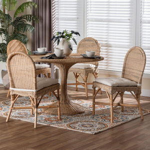 Baxton Studio Bali Linda 5-Piece Natural Rattan Dining Set — Handwoven Boho Coastal Round Table With Cushions Linda-Light Honey Rattan-5PC Dining Set