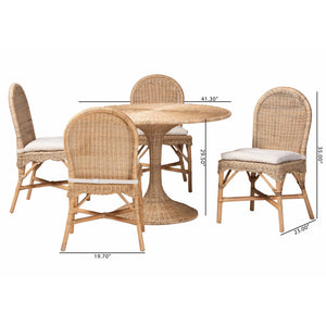 Baxton Studio Bali Linda 5-Piece Natural Rattan Dining Set — Handwoven Boho Coastal Round Table With Cushions Linda-Light Honey Rattan-5PC Dining Set