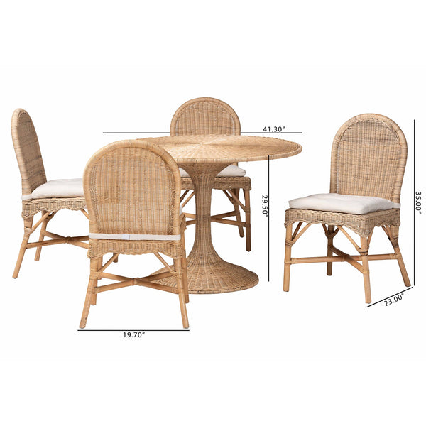 Baxton Studio Bali Linda 5-Piece Natural Rattan Dining Set — Handwoven Boho Coastal Round Table With Cushions Linda-Light Honey Rattan-5PC Dining Set