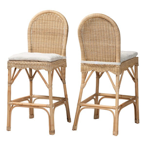 Baxton Studio bali Bali Artisan-Crafted Bilu Bohemian Rattan Bar Stool Set with Cushions - Comfort and Style Combined DC829-BS-Bilu-Light Honey Rattan-Bar Stool