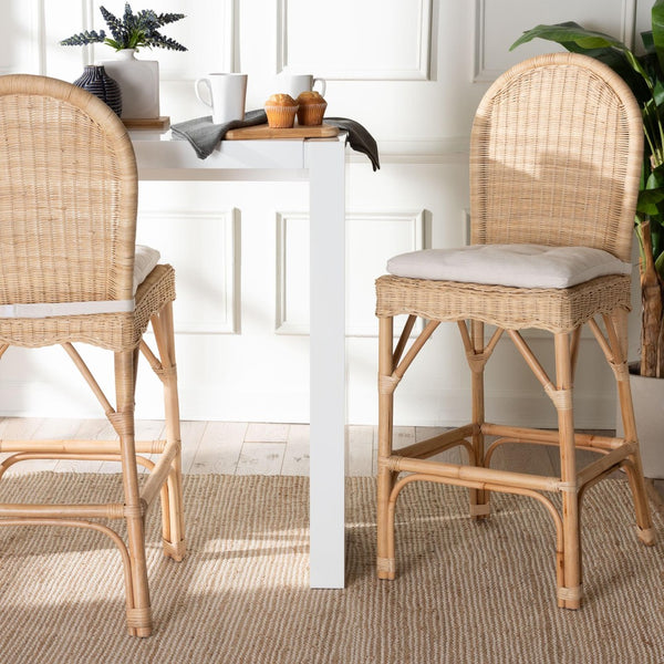 Baxton Studio bali Bali Artisan-Crafted Bilu Bohemian Rattan Bar Stool Set with Cushions - Comfort and Style Combined DC829-BS-Bilu-Light Honey Rattan-Bar Stool