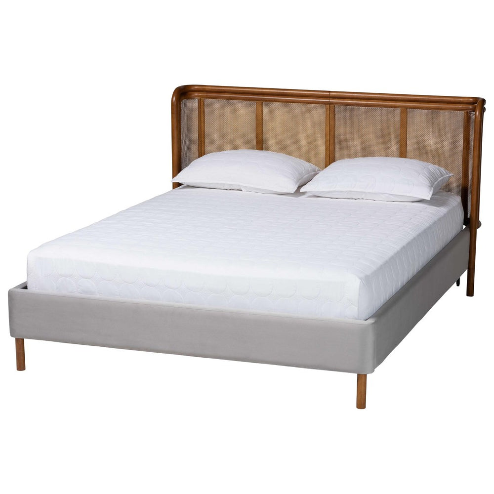Baxton Studio Baxton Studio Harrell Queen Bed - Luxurious Grey Velvet & Woven Rattan, Mid-Century Modern Design BBT61161-Light Grey/Walnut-Queen