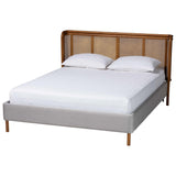 Harrell Mid-Century Modern Grey Velvet and Woven Rattan Wood Queen Size Bed