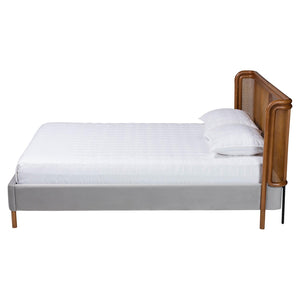 Baxton Studio Baxton Studio Harrell Queen Bed - Luxurious Grey Velvet & Woven Rattan, Mid-Century Modern Design BBT61161-Light Grey/Walnut-Queen