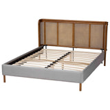 Baxton Studio Harrell Mid-Century Modern Grey Velvet and Woven Rattan Wood Queen Size Bed