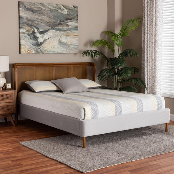 Baxton Studio Baxton Studio Harrell Queen Bed - Luxurious Grey Velvet & Woven Rattan, Mid-Century Modern Design BBT61161-Light Grey/Walnut-Queen