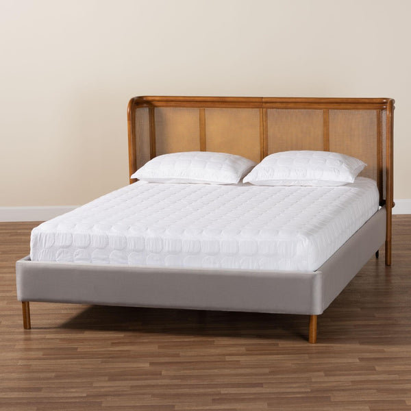 Baxton Studio Baxton Studio Harrell Queen Bed - Luxurious Grey Velvet & Woven Rattan, Mid-Century Modern Design BBT61161-Light Grey/Walnut-Queen