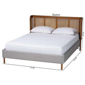Baxton Studio Baxton Studio Harrell Queen Bed - Luxurious Grey Velvet & Woven Rattan, Mid-Century Modern Design BBT61161-Light Grey/Walnut-Queen