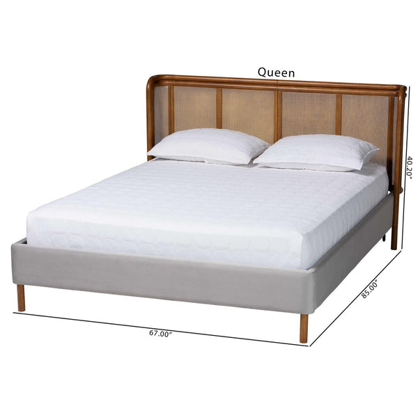Baxton Studio Baxton Studio Harrell Queen Bed - Luxurious Grey Velvet & Woven Rattan, Mid-Century Modern Design BBT61161-Light Grey/Walnut-Queen