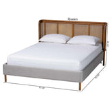 Baxton Studio Harrell Mid-Century Modern Grey Velvet and Woven Rattan Wood Queen Size Bed