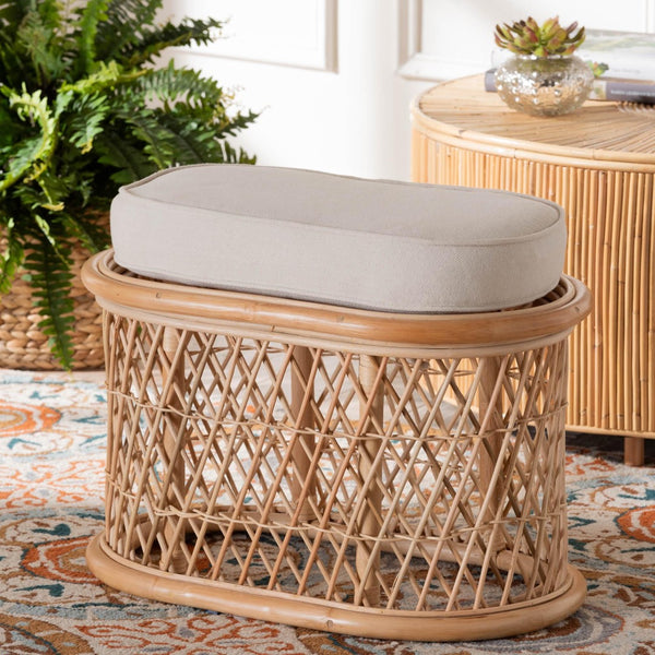 Baxton Studio bali Ladonna Bohemian Rattan Ottoman – Handcrafted Footstool with Removable Cushion for Versatile Use WS072-Natural Rattan-Stool