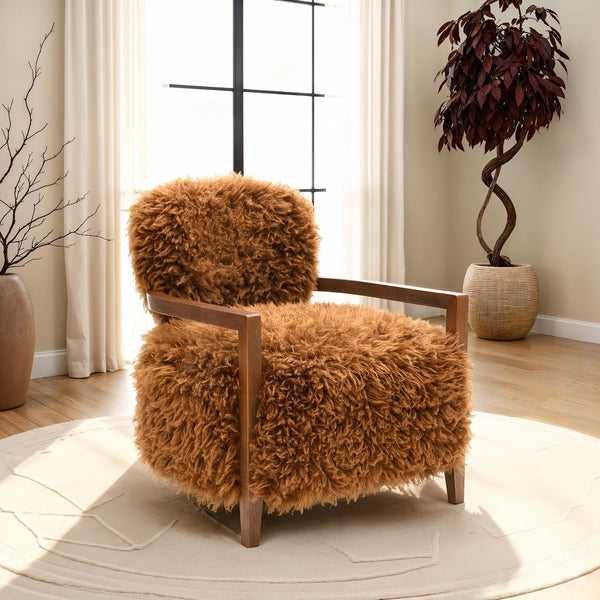 English Elm 1Pc Accent Chair - Cozy Faux Fur Upholstery With Stylish Wooden Arms, Perfect For Modern Living Spaces B2741P401375