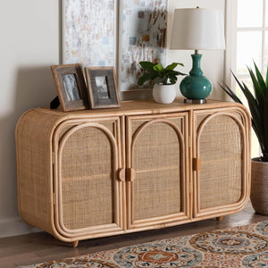 Baxton Studio bali Evania Bohemian Natural Rattan 3-Door Storage Cabinet - Handcrafted, Chic & Versatile Storage Solution WS061-B-Natural Rattan-Cabinet