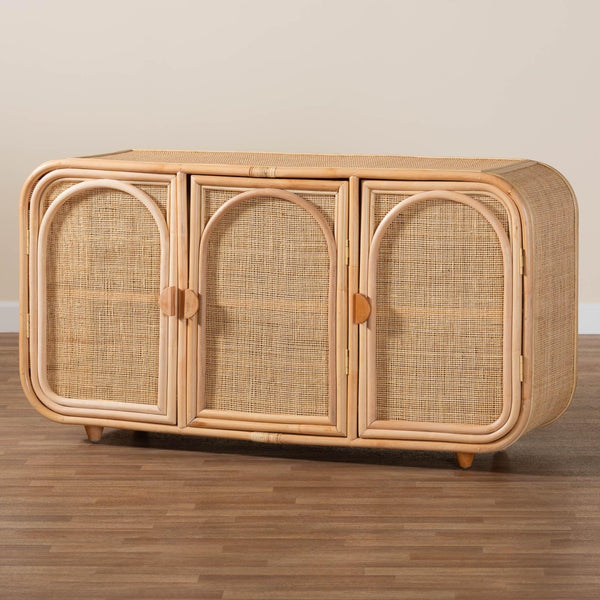 Baxton Studio bali Evania Bohemian Natural Rattan 3-Door Storage Cabinet - Handcrafted, Chic & Versatile Storage Solution WS061-B-Natural Rattan-Cabinet