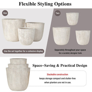 English Elm U_style Mgo Round Planters Set of Three Crackle Stone Texture Patio Garden Pots Beige N711P406660A