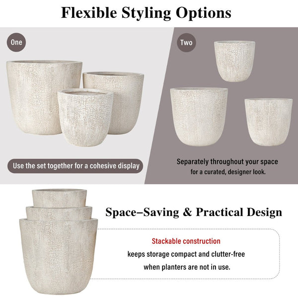 English Elm U_style Mgo Round Planters Set of Three Crackle Stone Texture Patio Garden Pots Beige N711P406660A