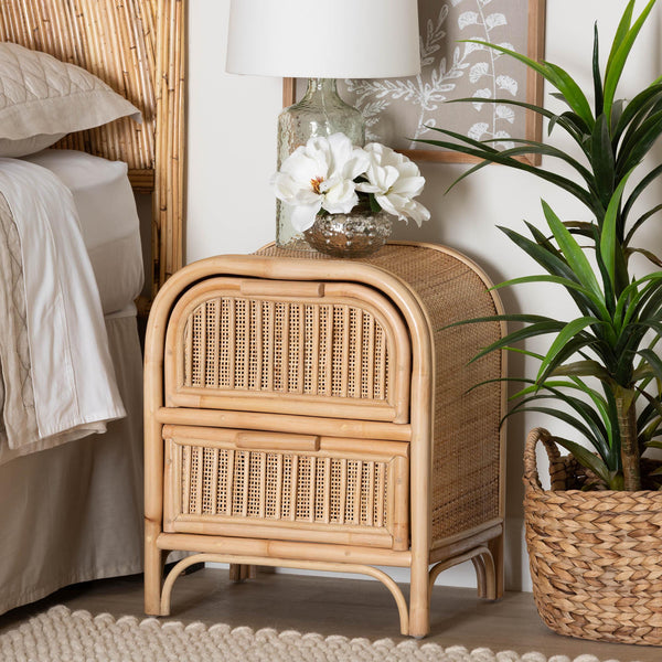 bali & pari Adrika Bohemian Natural Rattan 2-Drawer Nightstand