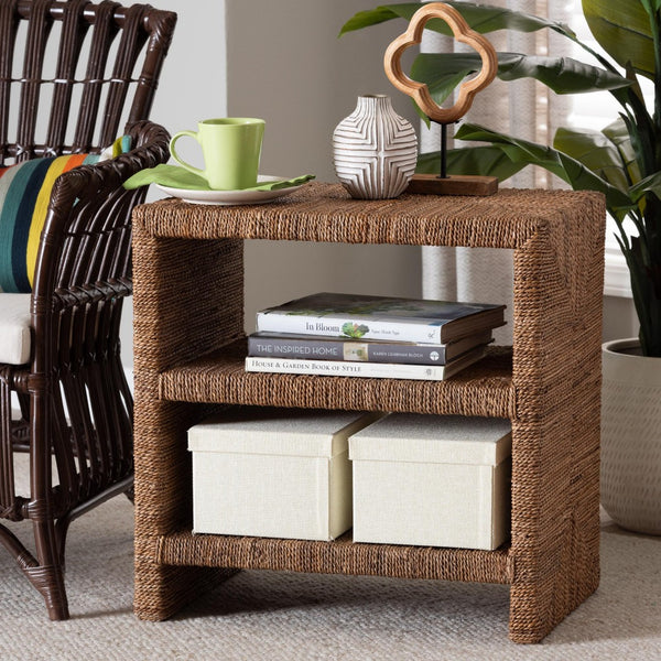 Baxton Studio bali Liza Bohemian Seagrass End Table - Handcrafted Acacia Wood, 3-Tier Storage, Modern Charm LIZZA-Seagrass-ET