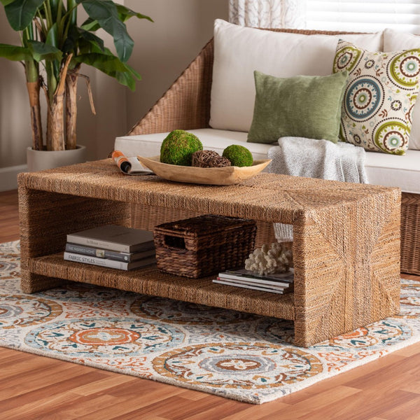 Baxton Studio bali Liza Rectangle Seagrass Coffee Table - Handwoven Coastal Boho Furniture with Open Shelf Storage LIZZA-Seagrass-Coffee Table