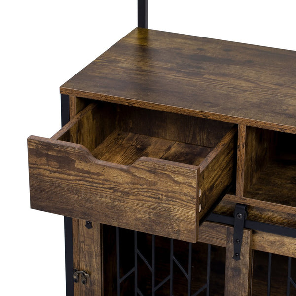 English Elm 2 IN 1 Rustic Dog Crate Side Cabinet Organizer with USB Outlets, Hooks & Sliding Kennel for Dogs N843P256449O