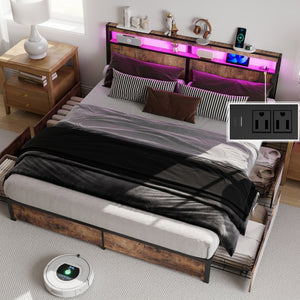 English Elm Queen Metal Platform Bed with Rgb Led Headboard Charging Station and Underbed Storage T3963P482840