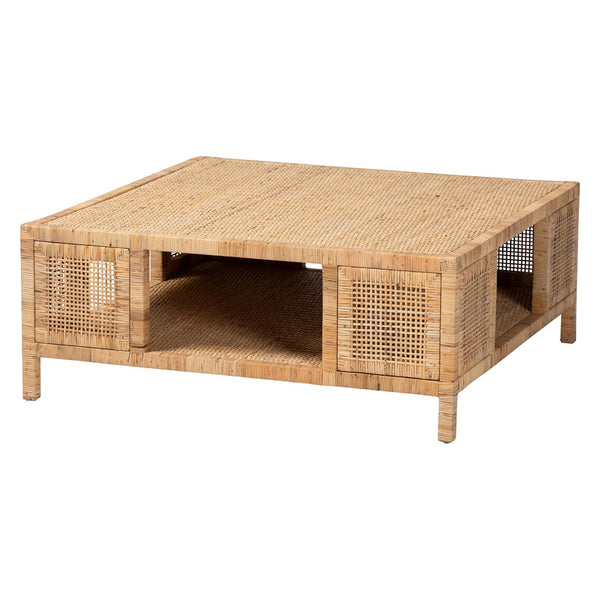 Baxton Studio bali Kalimantan Bohemian Coffee Table with Honey Rattan and Mahogany - Stylish, Handmade Elegance Square KALIMANTAN-Square-Rattan-Coffee Table