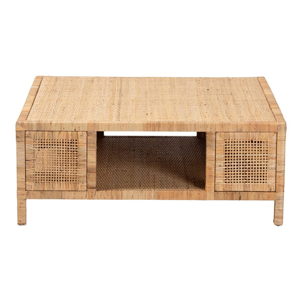 Baxton Studio bali Kalimantan Bohemian Coffee Table with Honey Rattan and Mahogany - Stylish, Handmade Elegance Square KALIMANTAN-Square-Rattan-Coffee Table