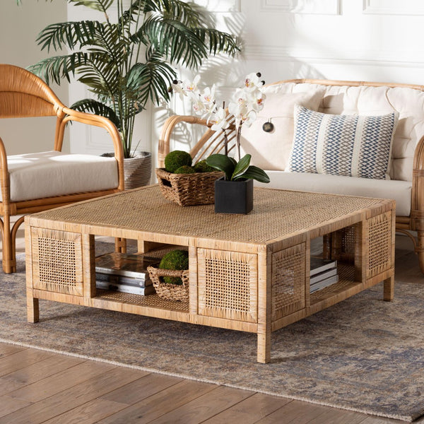 Baxton Studio bali Kalimantan Bohemian Coffee Table with Honey Rattan and Mahogany - Stylish, Handmade Elegance Square KALIMANTAN-Square-Rattan-Coffee Table