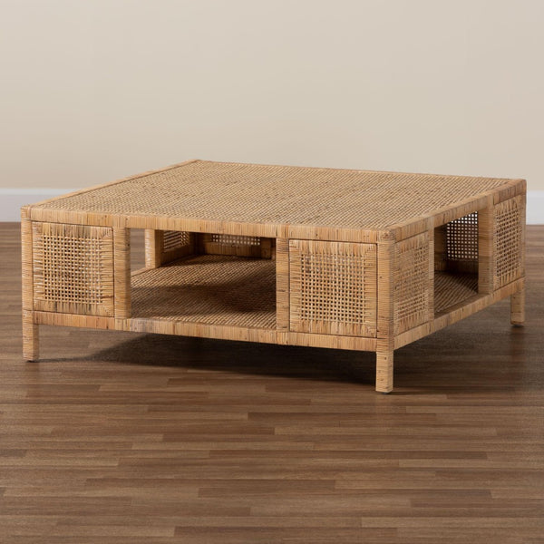 Baxton Studio bali Kalimantan Bohemian Coffee Table with Honey Rattan and Mahogany - Stylish, Handmade Elegance Square KALIMANTAN-Square-Rattan-Coffee Table