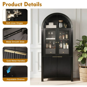 English Elm 71" Arched Glass Barn Door Pantry Cabinet Farmhouse Mdf Storage for Kitchen Dining Black W2917S00014