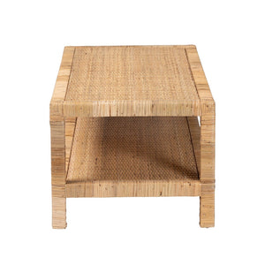 Baxton Studio bali Kalimantan Bohemian Coffee Table with Honey Rattan and Mahogany - Stylish, Handmade Elegance Rectangle KALIMANTAN-Rectangle-Rattan-Coffee Table