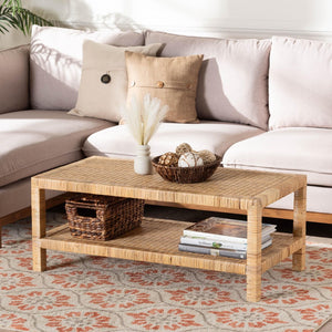 Baxton Studio bali Kalimantan Bohemian Coffee Table with Honey Rattan and Mahogany - Stylish, Handmade Elegance Rectangle KALIMANTAN-Rectangle-Rattan-Coffee Table