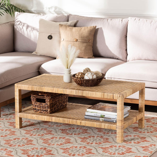 Baxton Studio bali Kalimantan Bohemian Coffee Table with Honey Rattan and Mahogany - Stylish, Handmade Elegance Rectangle KALIMANTAN-Rectangle-Rattan-Coffee Table
