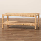 bali & pari Kalimantan Bohemian Light Honey Rattan and Mahogany Wood Rectangle Coffee Table