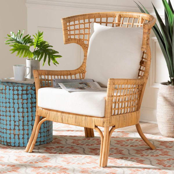 Baxton Studio bali Bali Regina Bohemian Rattan Arm Chair - Handcrafted Tropical Elegance with Plush Cushion Comfort REGINA-Light Honey Rattan/Wicker Weave-CC